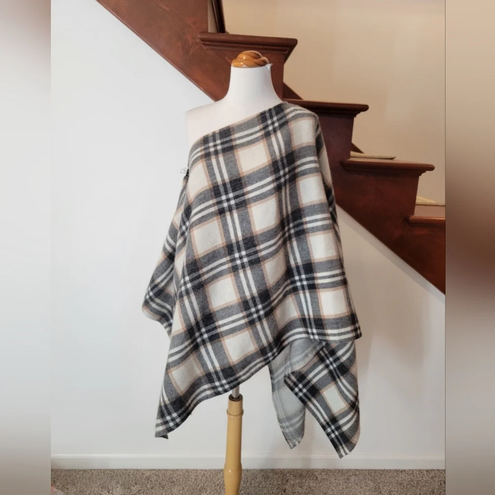 Loft Chic Plaid Wrap Poncho Shawl Women Neutral Plaid One Size XS S